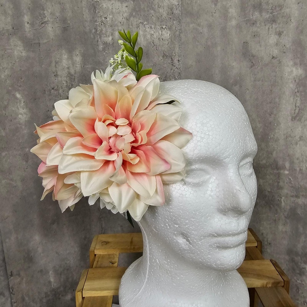 Floral Headpiece Pale Pink White Dahlia Flower Fascinator Hair Clip Tiki Wedding